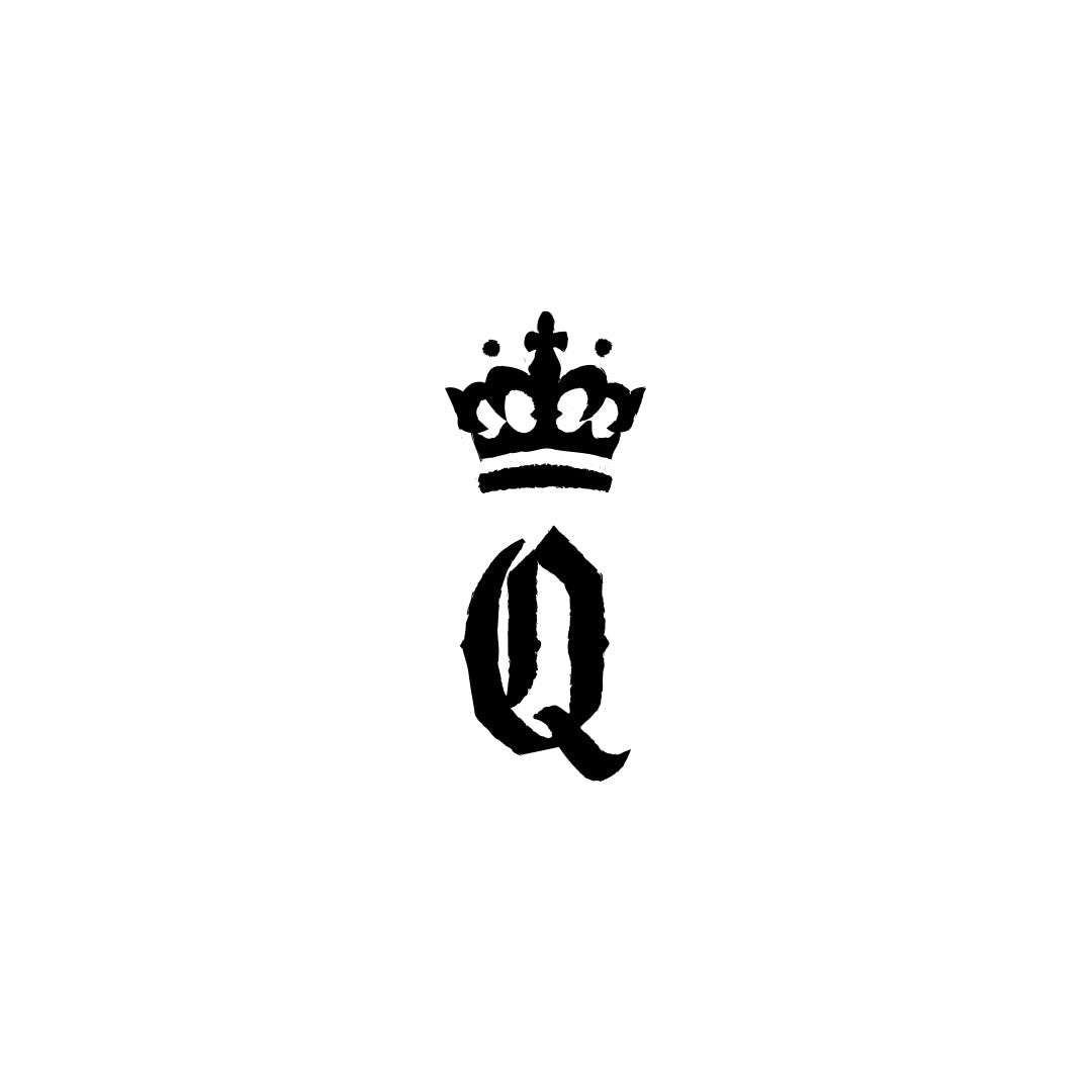 A black monogram logo featuring a crown above a stylized letter Q, centered on a plain white background.