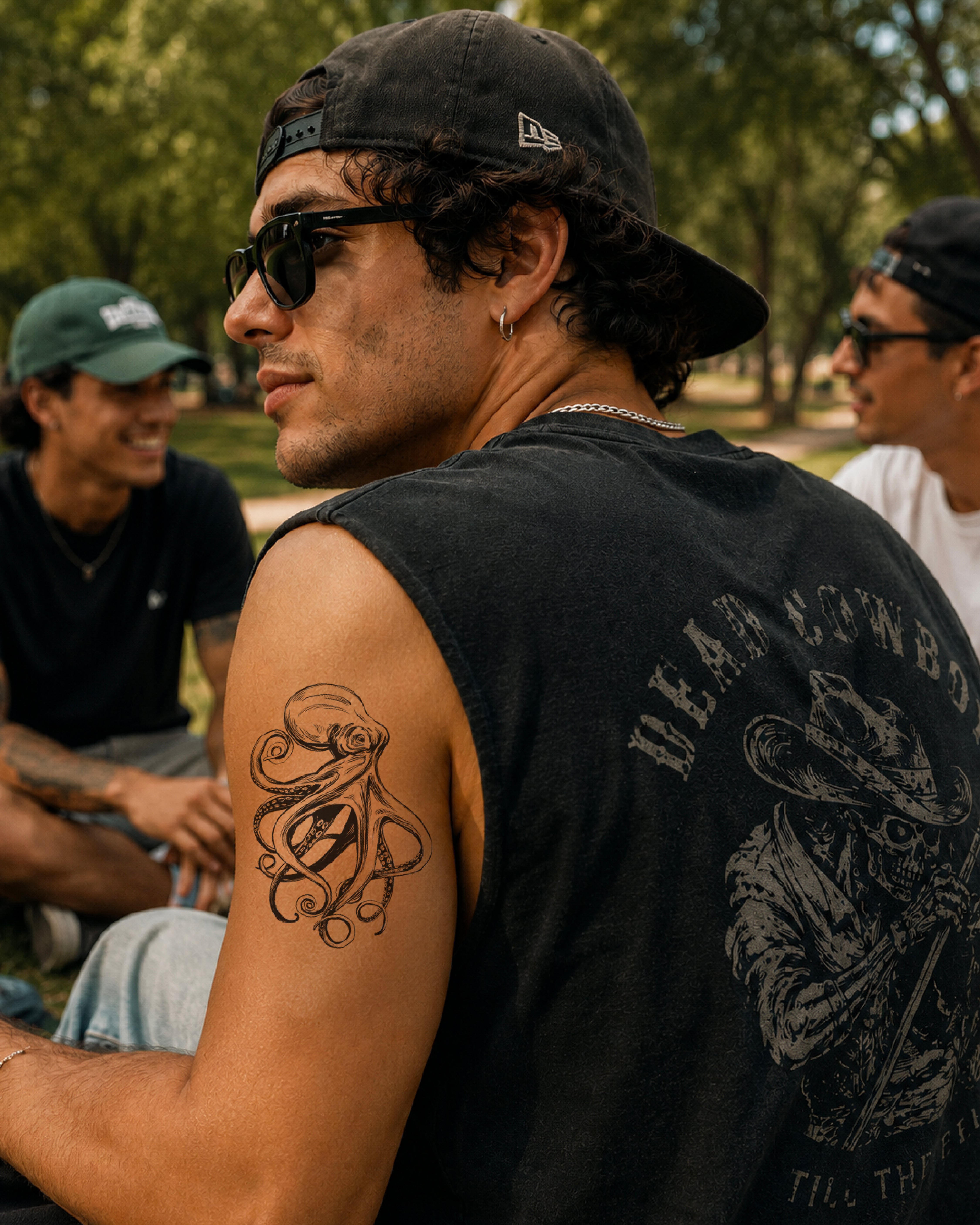 Man with an octopus tattoo on his arm sitting outdoors with friends