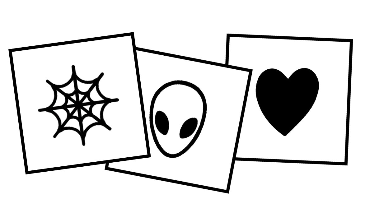 Examples of small, simple designs on 1 x 1 and 2 x 2 inch canvases