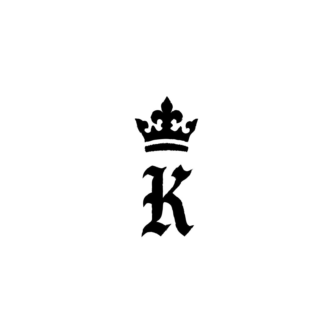 A black monogram logo featuring a stylized letter K topped with a crown, centered on a plain white background.